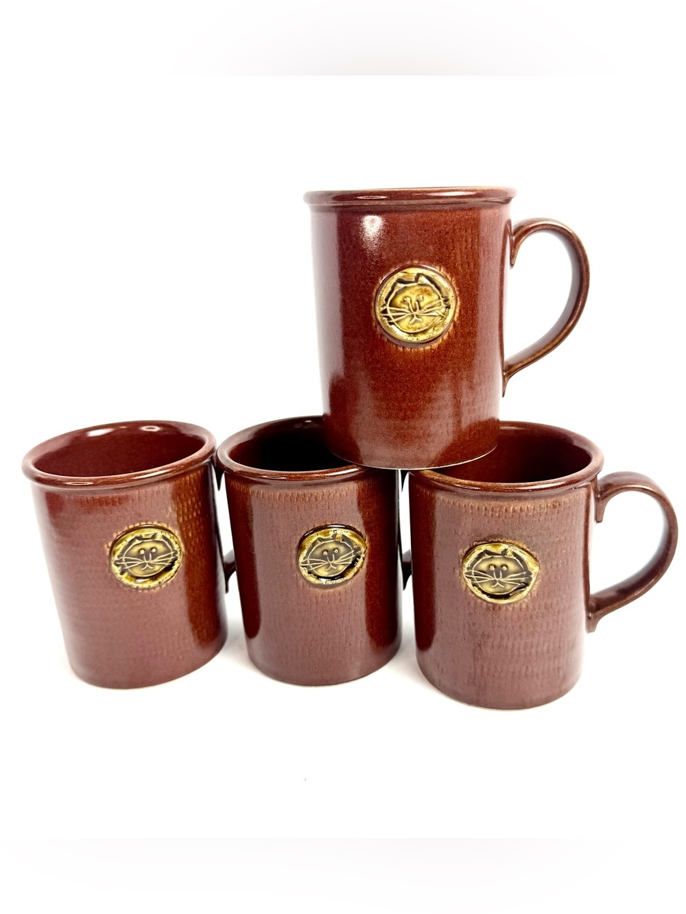 Mid-Century Vintage Studio Pottery Cat Face Medallion Stoneware Mugs – Set of 4